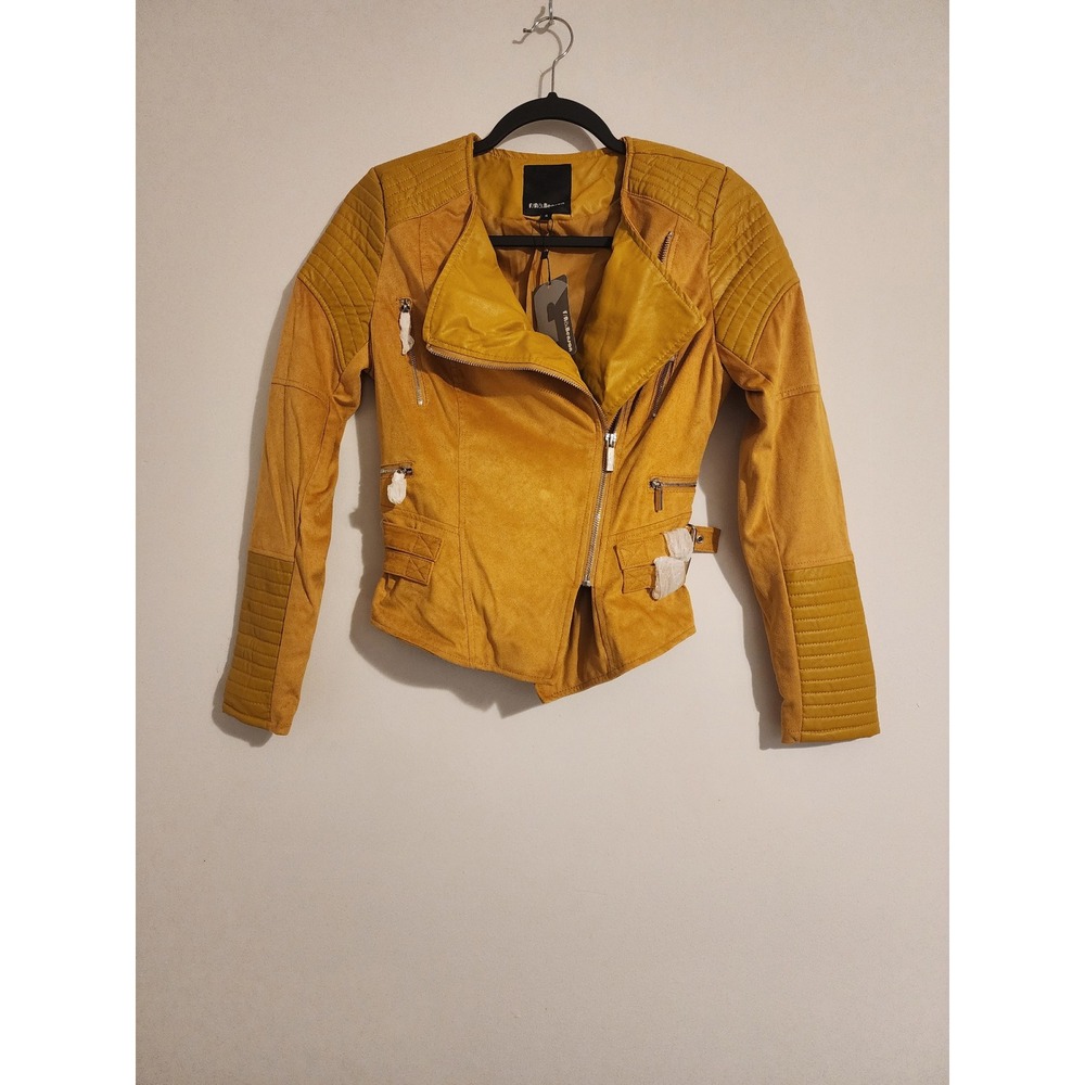 F/A & Benson Mustard Yellow Faux Suede Moto Biker Jacket Quilted Accents Small